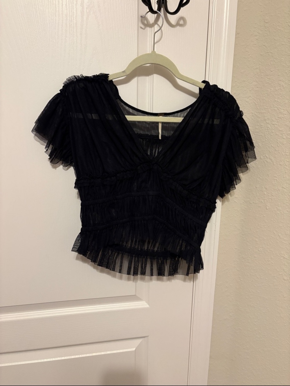 Free People Black Sheer Ruffled Cropped Top